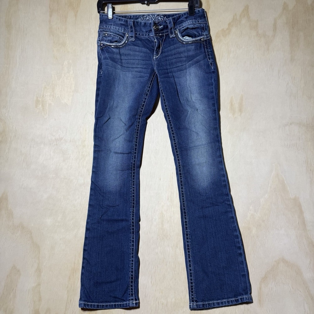 Maurices Womens Size 3/4 Blue Jeans Bootcut Rhinestone Embellished Low Rise Y2K